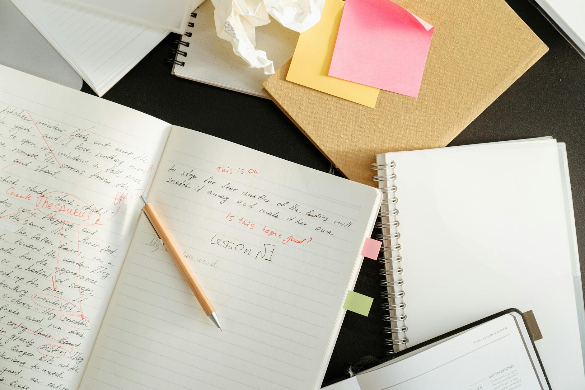 Annotated screenplay pages and story outline on desk